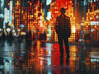 Fototapeta premium The weight of global financial pressures, a businessman is submerged in market data and economic anxiety.