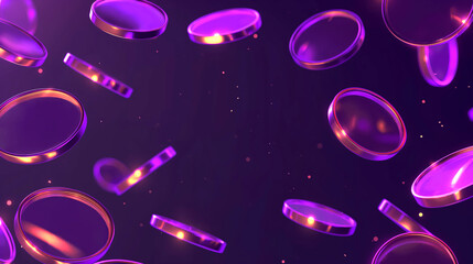 Nameless purple coins levitating and falling. Copy space background