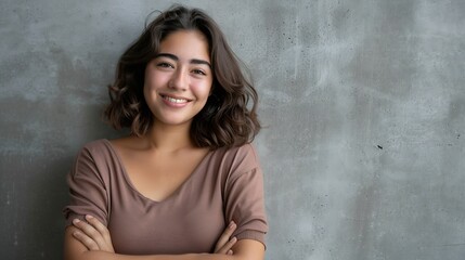 Fototapeta premium Portrait of a young latin woman with pleasant smile and crossed arms isolated on grey wall with copy space Beautiful girl with folded arms looking at camera against grey wall Cheerful : Generative AI