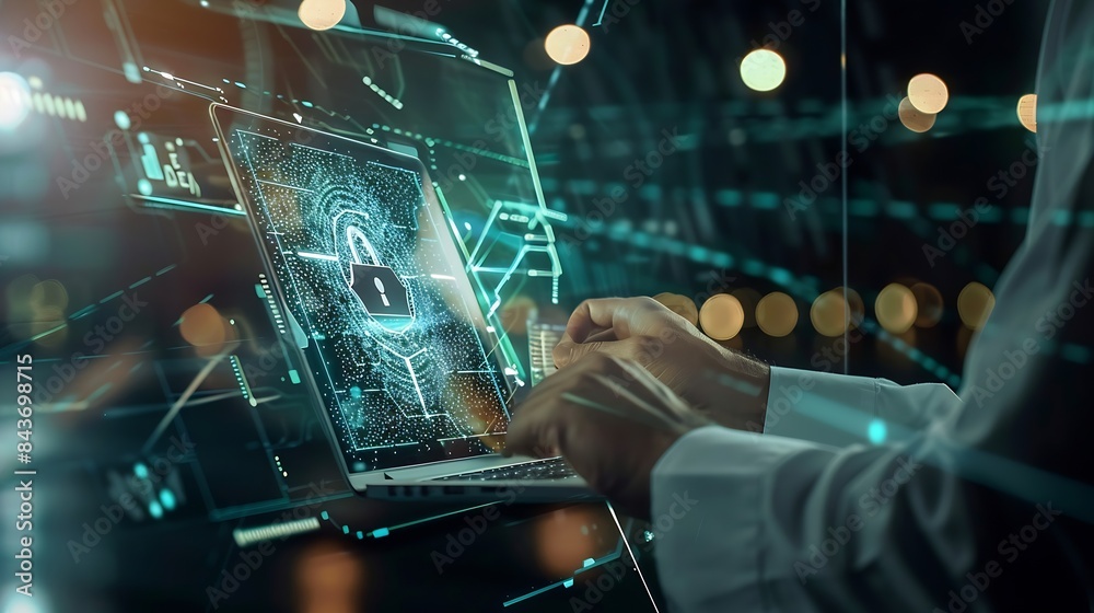 Leinwandbilder Cyber security network Data protection concept Businessman using laptop computer and digital tablet with padlock on network security technology with cloud computing data management cyb : Generative AI