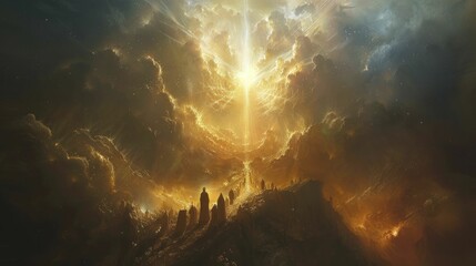 Fototapeta premium A radiant celestial scene where figures gather in awe, illuminated by the light of an angelic presence, a moment of divine revelation