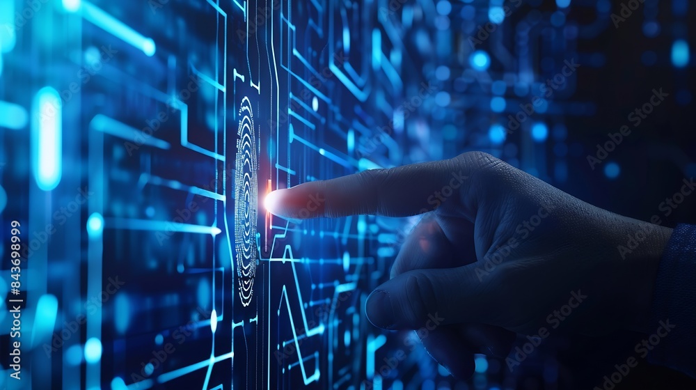 Aufkleber Cyber security system and data protection concept Man using fingerprint scanning access data with data center as background biometric identity data encryption for network security of c : Generative AI