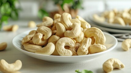 Fototapeta premium Cashew nuts placed on a white plate