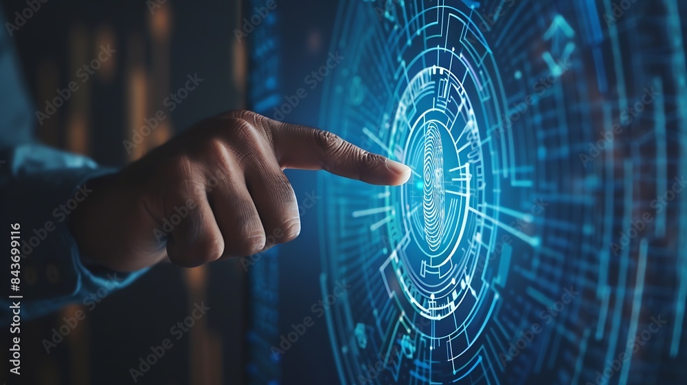 Poster Biometric Authentication African American Businessman Touching Virtual Panel For Fingerprint Scanning Over Blue Background Selective Focus : Generative AI