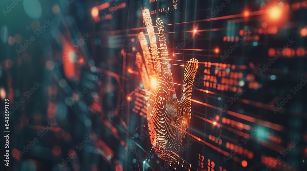 Poster Biometric security network privacy data protection Businessman using fingerprint identification to access personal financial data cybersecurity technology against digital cyber crime : Generative AI