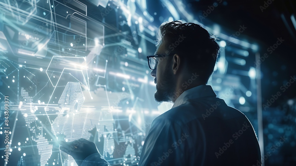 Aufkleber businessman analyzes profitability of working companies with digital augmented reality graphics posi