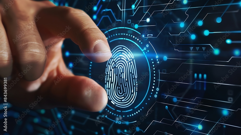 Poster Businessman and fingerprint scanning unlock and access to business data network Cloud Biometric identification and cyber security protect business transaction from online digital cyber : Generative AI