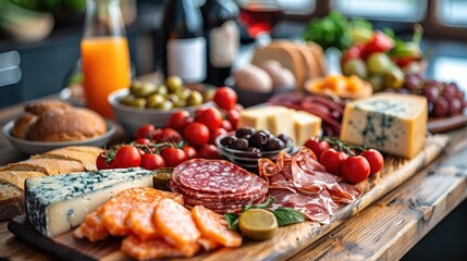 view on wooden table with full of food, ready for dinner, vintage village style setted 