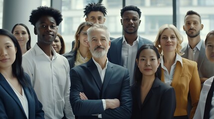 Obraz premium Portrait of successful group of business people at modern office looking at camera Portrait of happy businessmen and satisfied businesswomen standing as a team Multiethnic group of peo : Generative AI