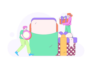 Use red envelopes to attract new customers and promote activity. Flat vector character concept illustration
