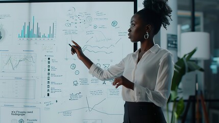 eBusiness Technology Conference Presentation Expressive Female Black Tech Engineer Pitching Revolutionary Innovative Product Whiteboard Shows Graphs Infographics AI Big Data Mindmappin : Generative AI