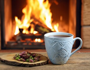 Cup of hot drink on fireplace background
