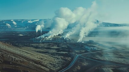 Fototapeta premium Geothermal power plant with steam rising from the ground.