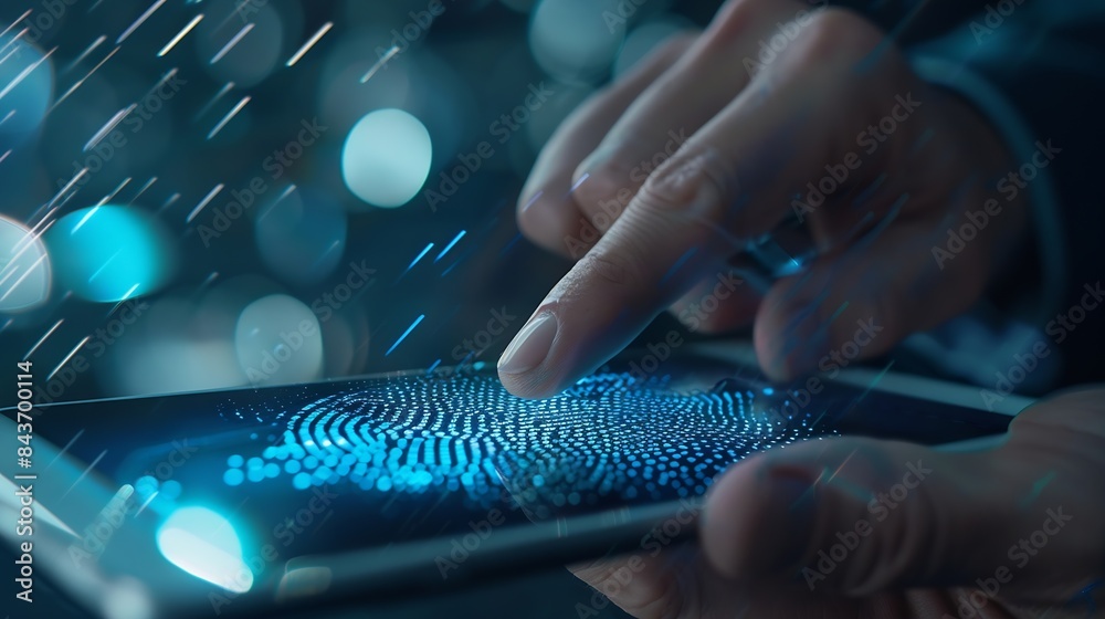 Leinwandbilder man using fingerprint identification to access personal financial data on mobile phone mobile banking app biometrics cyber security innovation technologyBiometrics security system : Generative AI