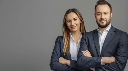 Business partners posing in front of gray background looking at camera and smiling : Generative AI