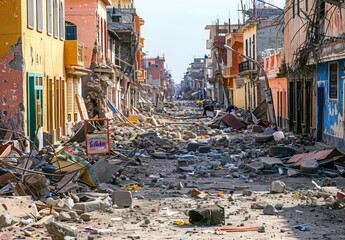 The aftermath of an earthquake in an urban area, with collapsed buildings and debris strewn across the streets