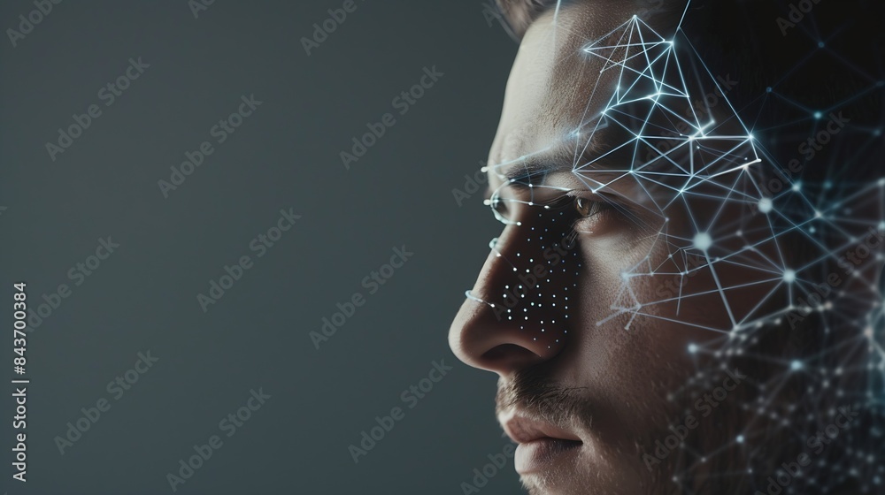 Aufkleber Facial recognition system Man with digital biometric grid and personal data on grey background : Generative AI