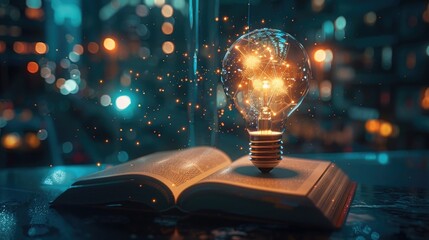Glowing light bulb and book or text book with futuristic icon. Self learning or education knowledge and business studying concept. Idea of learning online class or e-learning at home