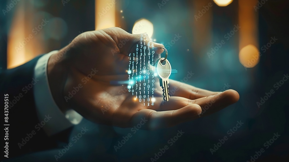 Poster Businessman giving virtual master key with binary number code for identity and access password technology security system and prevent hacker concept : Generative AI
