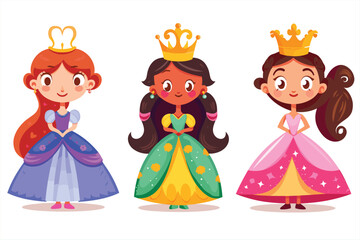 Set of beautiful princesses in luxurious dresses on a white background. set of cute happy princess girl, isolated on white background. 