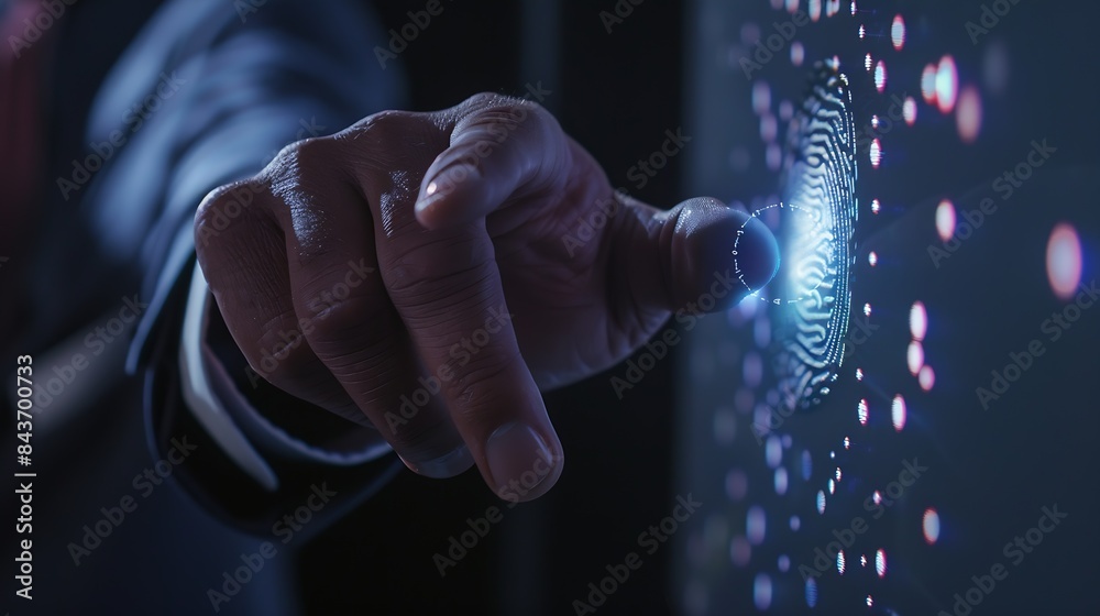 Poster Businessman using fingerprint indentification to access personal financial data biometrics security innovation technology against digital cybercrimeidentification and security scanning : Generative AI