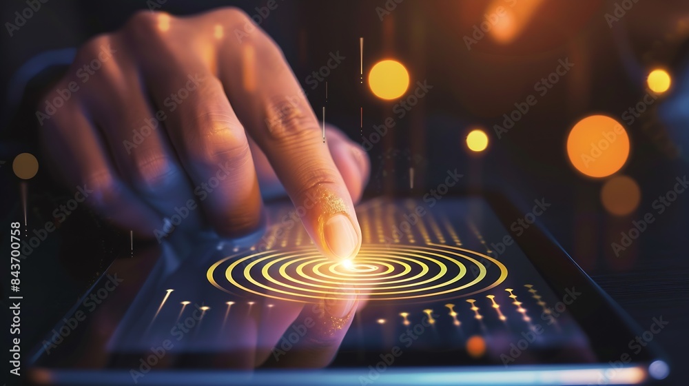 Poster Businessman using tablet and fingerprint scanning unlock and access to business data network Biometric identification and cyber security protect business transaction from online digita : Generative AI