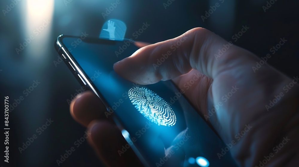 Poster Power of Biometric Security Networks Person unlocking their mobile phone with fingerprint : Generative AI