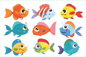Set of cartoon cute sea animals isolated in white background, Cute sea life creatures cartoon animals with fish octopus jellyfish isolated vector illustration. set of cute happy fish Characters. 