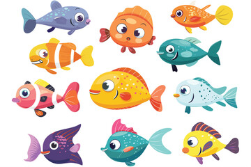 Fototapeta premium Set of cartoon cute sea animals isolated in white background, Cute sea life creatures cartoon animals with fish octopus jellyfish isolated vector illustration. set of cute happy fish Characters. 