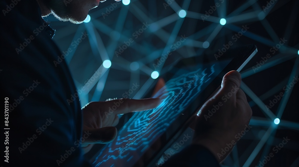 Aufkleber Cyber security network data protection concept Business man using digital tablet biometric security system fingerprint and facial scanning to access personal data cybersecurity softwar : Generative AI