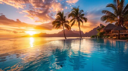 Swimming pool of a large mansion at sunset.