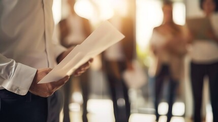 Obraz premium Hispanic businessman holding papers hands and smilingYoung team of coworkers making great business discussion in modern coworking officeTeamwork people conceptHorizontal blurred backgr : Generative AI