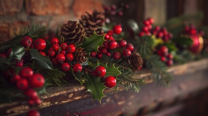 Holly and berry garland on a mantlepiece.