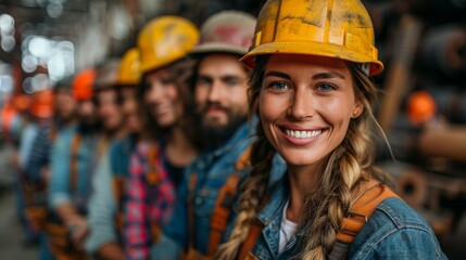 A smiling female worker with a braid, wearing a denim jumpsuit and a yellow hard hat, with colleagues in the background