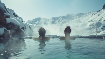 Fototapeta premium Female relax in hot spring spa with snow mountain in winter.
