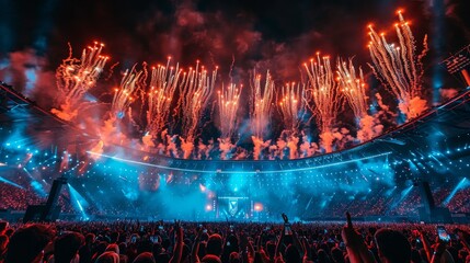 A spectacular display of fireworks illuminates a concert stadium filled with a cheering crowd enjoying the live event