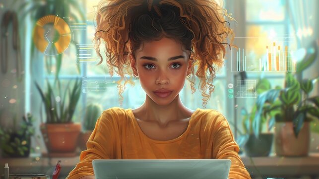 Young woman working from home using futuristic transparent computer software with augmented reality graphs