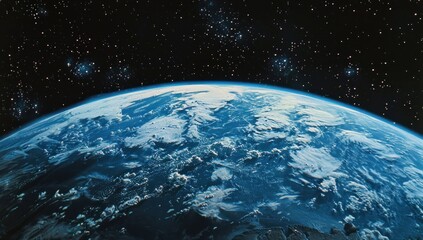 Obraz premium Earth hangs low on the horizon, a blue-and-white jewel against the black velvet of space.