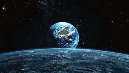 Earth hangs low on the horizon, a blue-and-white jewel against the black velvet of space.