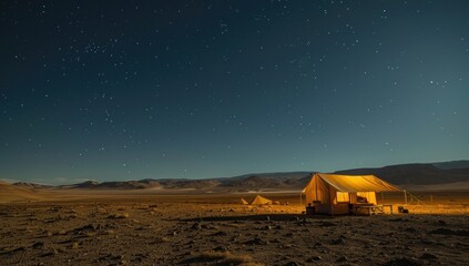 The campsite is bathed in the soft glow of moonlight, a tranquil oasis in the desolate lunar landscape.
