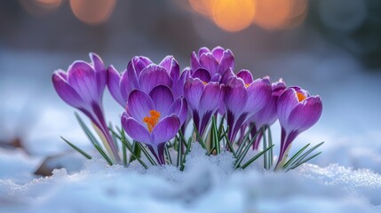 A cluster of purple crocuses with white-striped petals stands out against the snow, highlighted by...