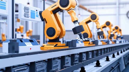 Fototapeta premium AI manufacturing, robotic assembly, factory automation, industrial robots, smart systems, production line, technology, efficiency, engineering