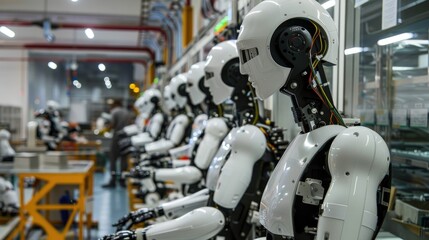 Fototapeta premium AI manufacturing, robotic assembly, factory automation, industrial robots, smart systems, production line, technology, efficiency, engineering