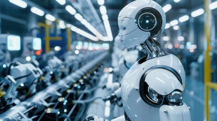 Fototapeta premium AI manufacturing, robotic assembly, factory automation, industrial robots, smart systems, production line, technology, efficiency, engineering