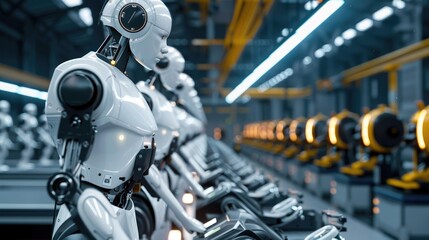 Fototapeta premium AI manufacturing, robotic assembly, factory automation, industrial robots, smart systems, production line, technology, efficiency, engineering