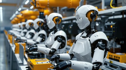 Fototapeta premium AI manufacturing, robotic assembly, factory automation, industrial robots, smart systems, production line, technology, efficiency, engineering