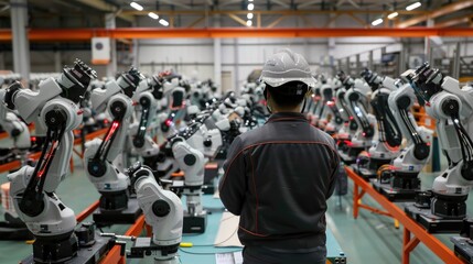 Engineer inspects robot production, wear safety glasses, wear a safety helmet, factory