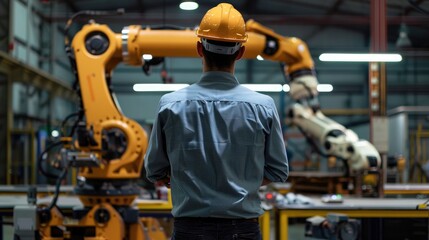 Engineer inspects robot production, wear safety glasses, wear a safety helmet.