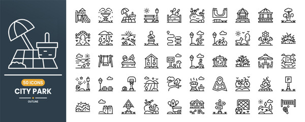 Park vector line icon set. Containing Picnic, Bench, Bicycle, Recreation, Outdoor, Exercise, Travel, Fitness, Nature. Can use for web, infographic, social media, apps, presentation. Editable stroke.