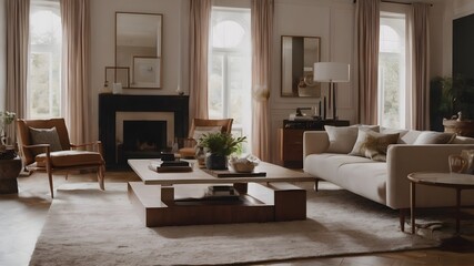 Stylish interior of a home showcasing contemporary furnishings and artistic elements